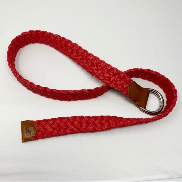 Vintage Polo Ralph Lauren Red Woven and Brown Leather Cinch Belt Medium